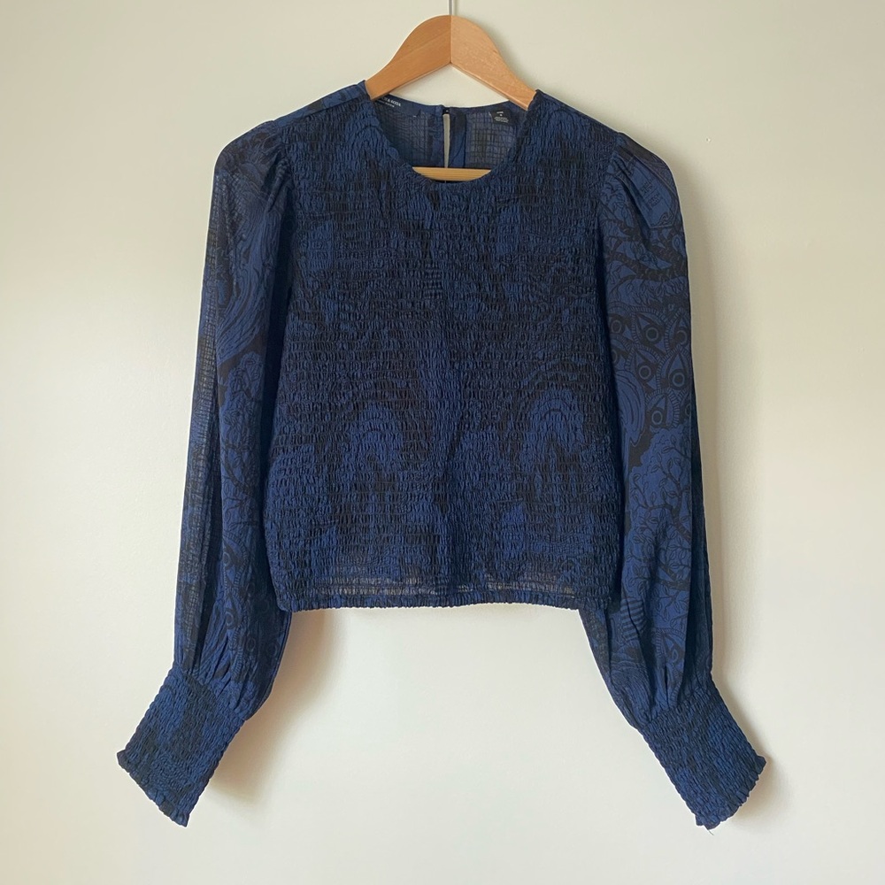 Scotch & Soda Navy & Black Smocked Blouse with Button Down Back